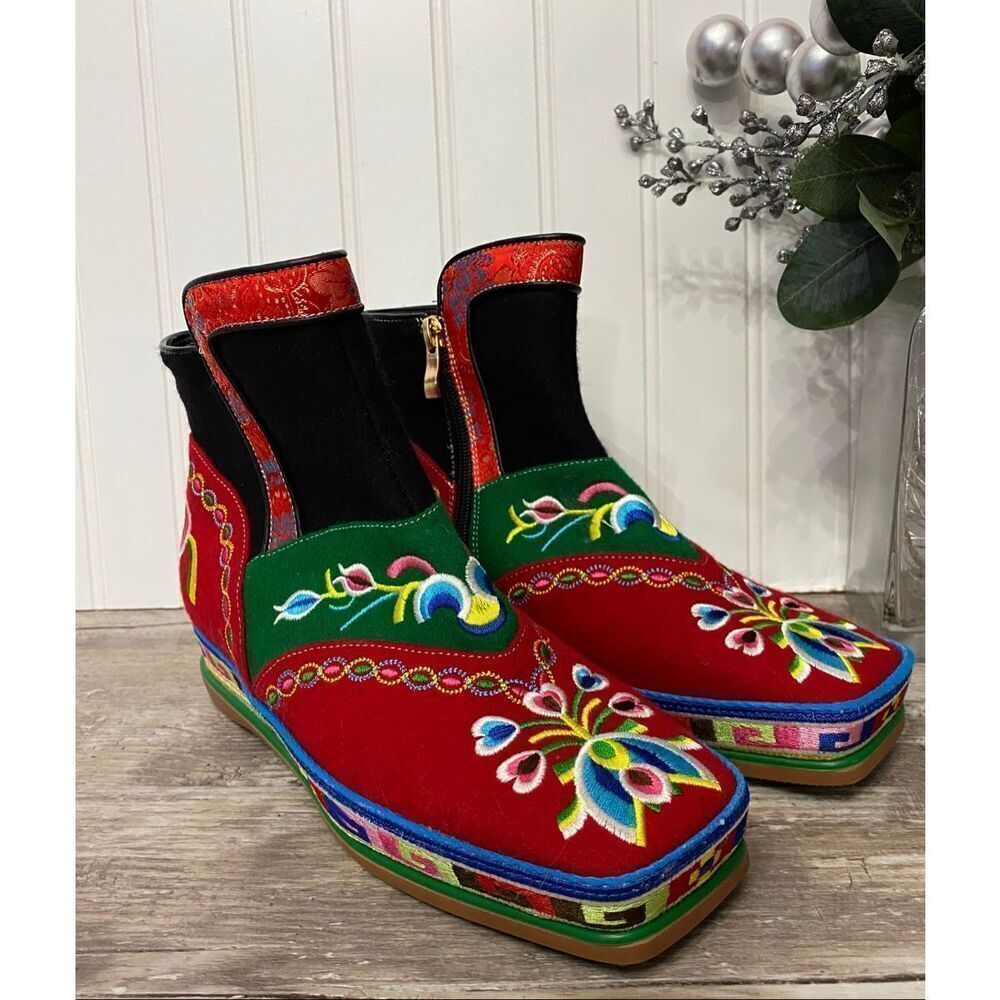 Traditional Tibetan Mongolian Felt Embroidery Shoes Boots Sz 39 New